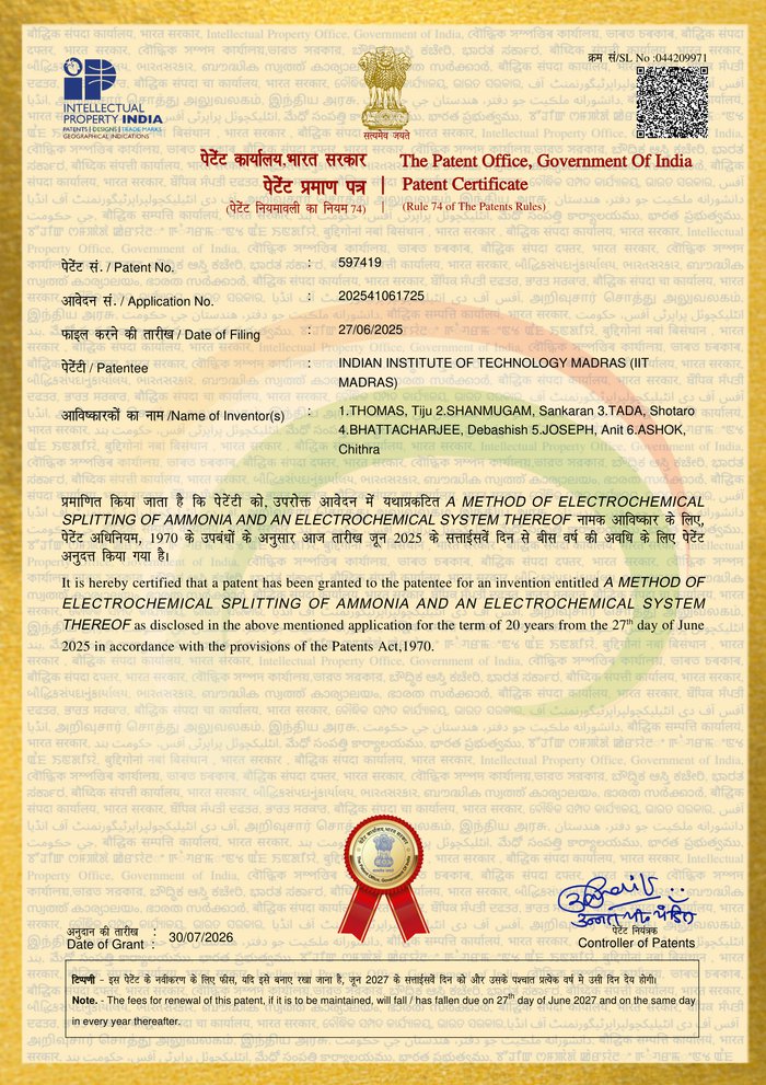 Patent Certificate, Indian Patent No. 597419